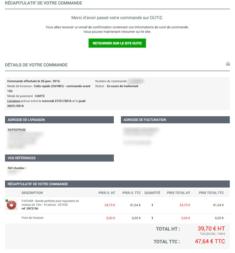 confirmation commande de matériel chez Outiz avis outiz validation commande