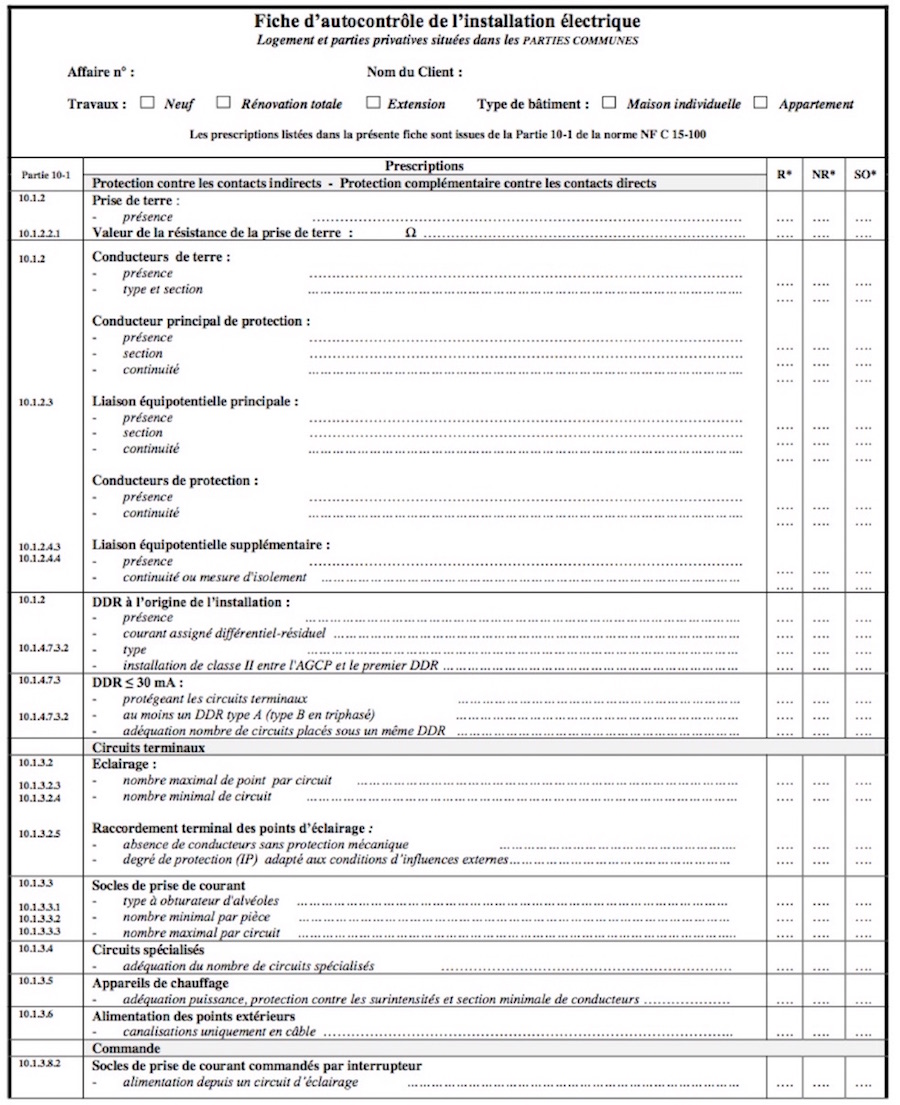 fiche d'auto contrôle NF C 15-100 fiche d'auto-controle installation électrique visite consuel NF C 15-100