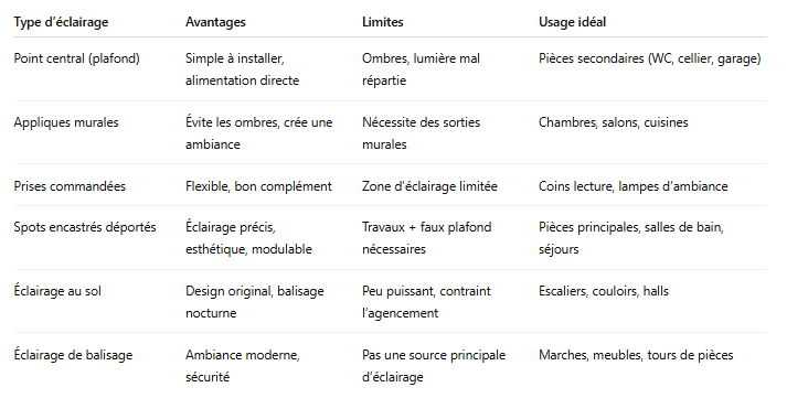 Tableau comparatif : point central vs éclairages alternatifs