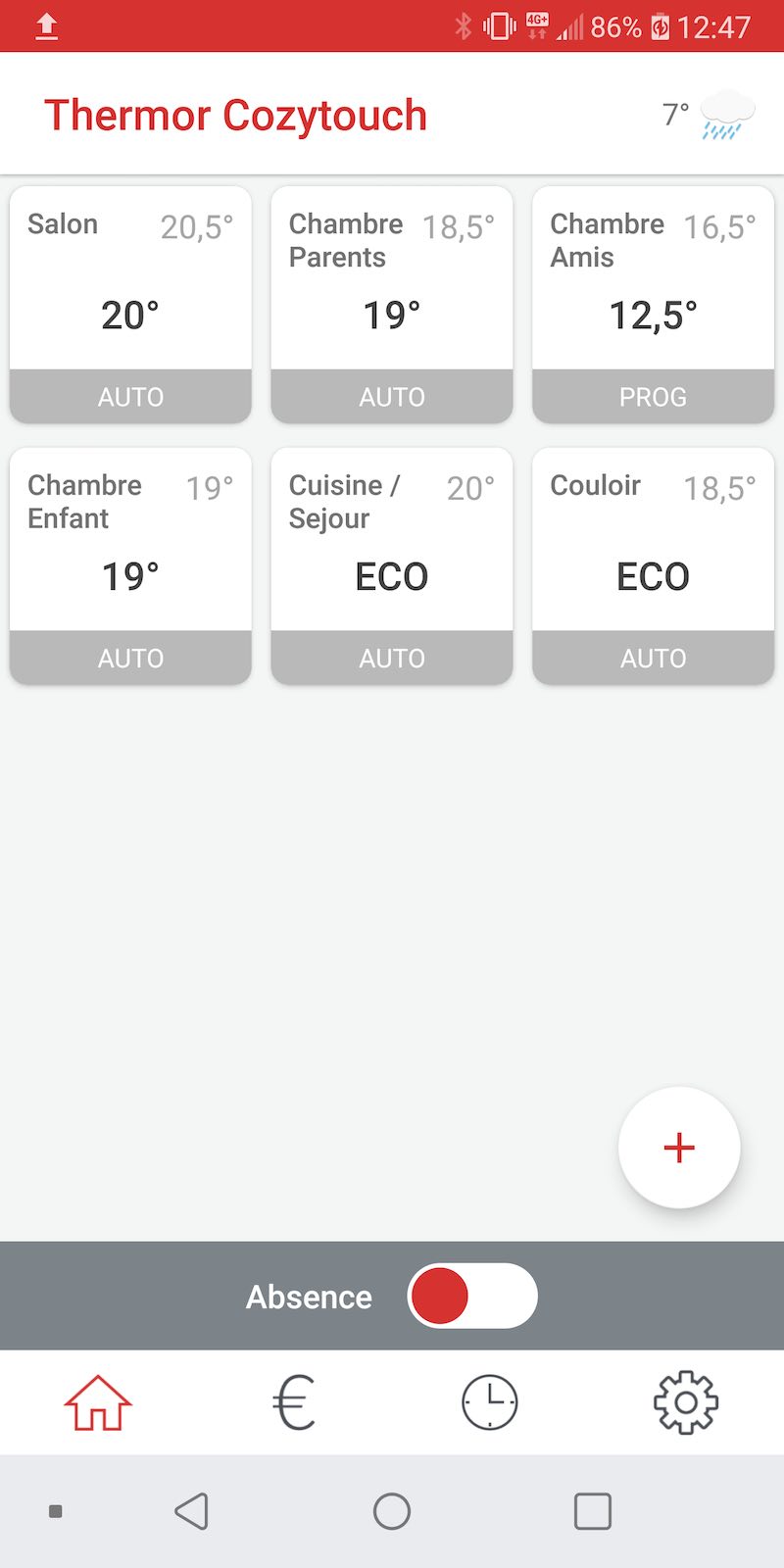 vue de l'interface de l'application Cozytouch thermor