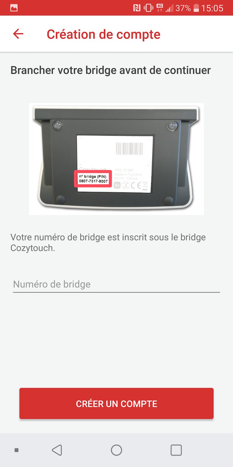 Boitier Thermor bridge Cozytouch, code d'identification