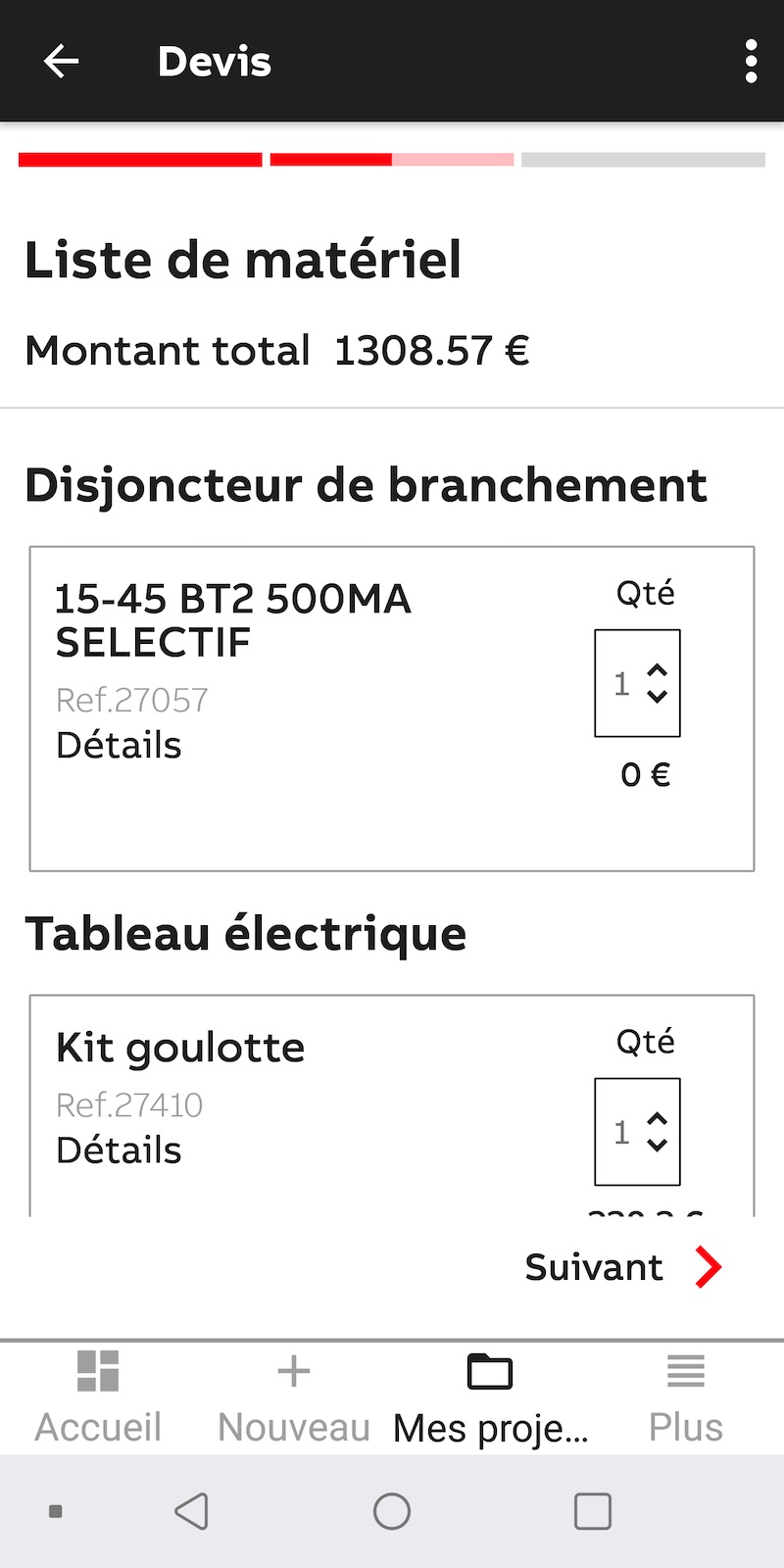 faire une liste de matériel électrique pour le tableau