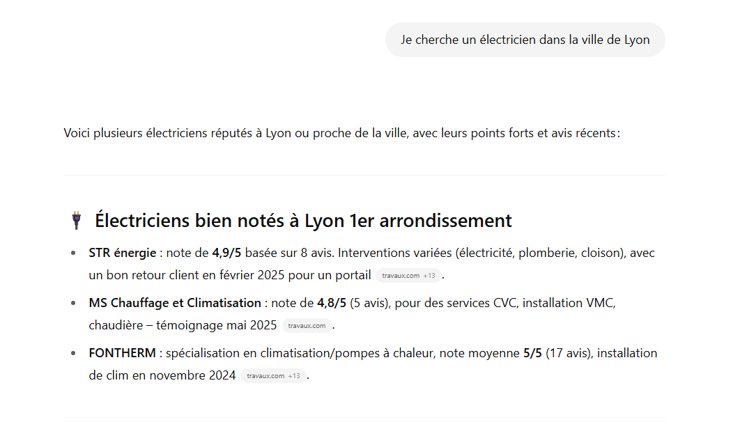Réponse ChatGPT - Electricien Lyon 