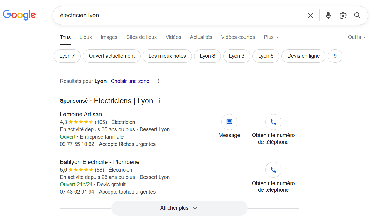 Recherche Google - Electricien Lyon