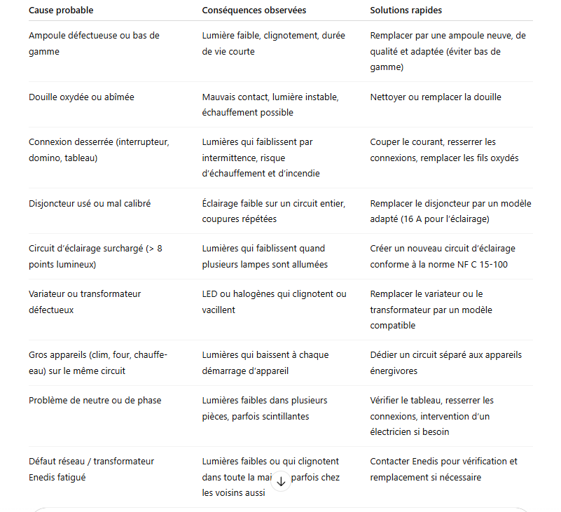 Ampoule qui faiblit - Tableau récapitulatif des causes, conséquences et solutions