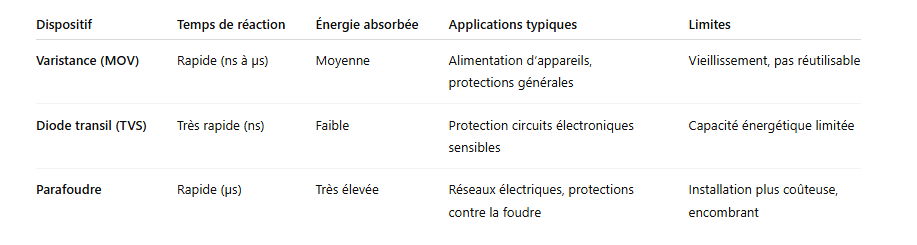 Tableau Varistance vs Diode transil vs Parafoudre