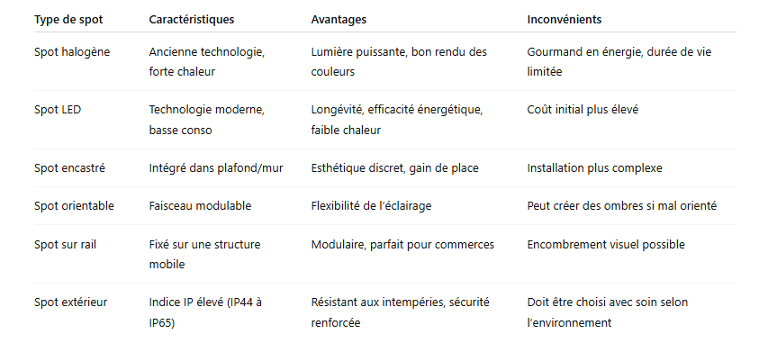Tableau comparatif des différents types de spots