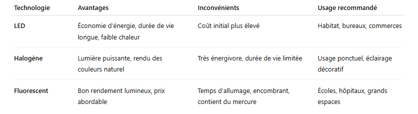 Tableau comparatif des technologies d’éclairage