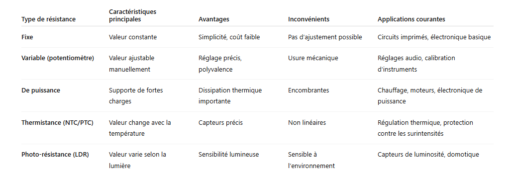 Tableau comparatif des types de résistances