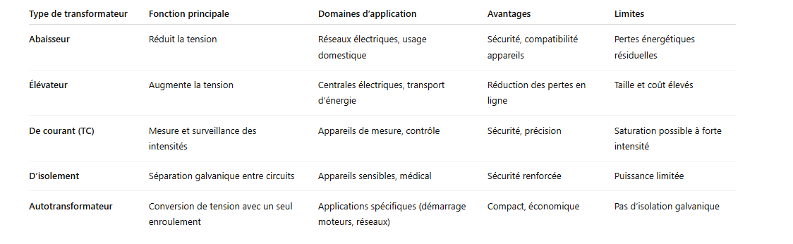 Tableau comparatif des types de transformateurs