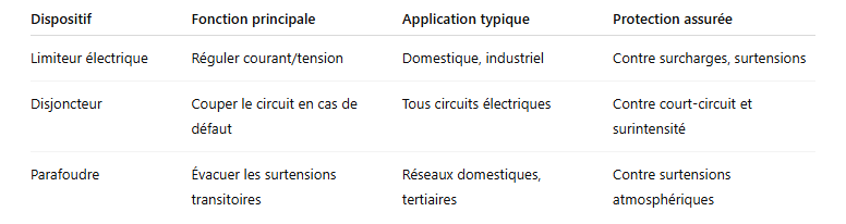 Tableau comparatif limiteur électrique disjoncteur parafoudre