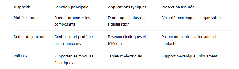 Tableau comparatif plot électrique boitier de jonction et rail DIN