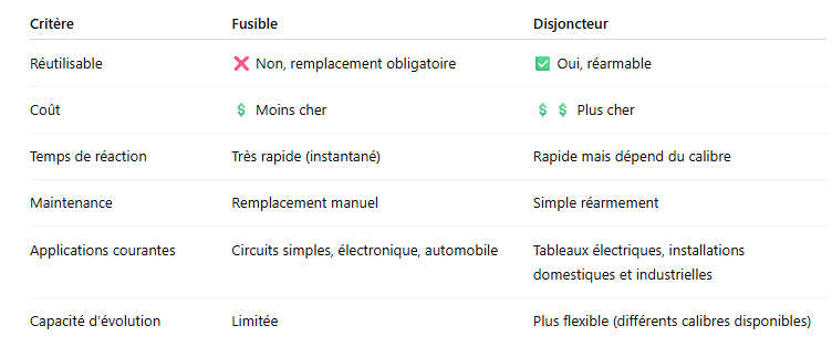 Tableau comparatif – Fusible vs Disjoncteur