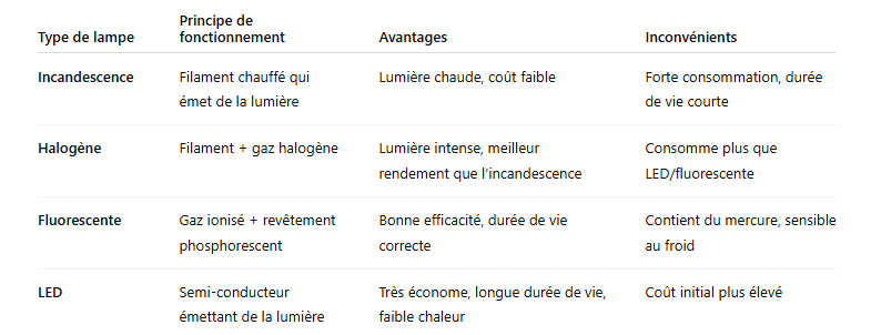 Tableau comparatif – Types de lampes électriques
