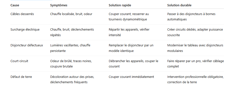Tableau récapitulatif - disjoncteur qui chauffe