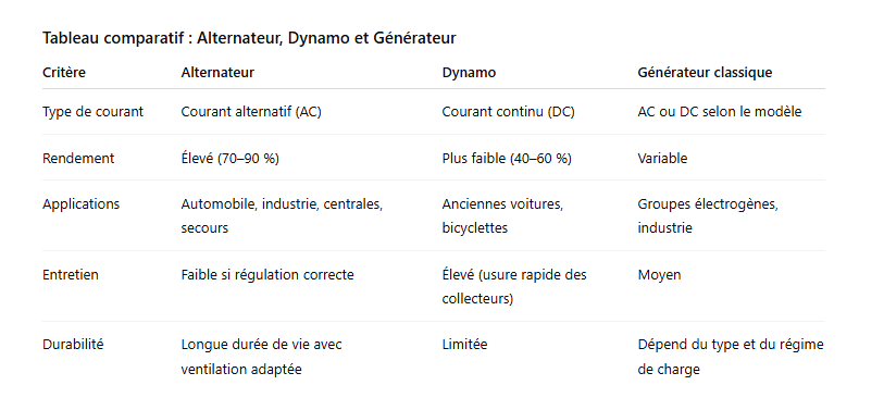 Tableau comparatif - Alternateur, Dynamo et Générateur