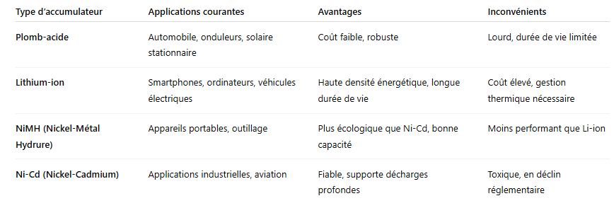 Tableau comparatif des différents types d’accumulateurs