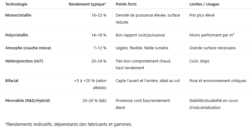 Tableau comparatif des technologies de cellules