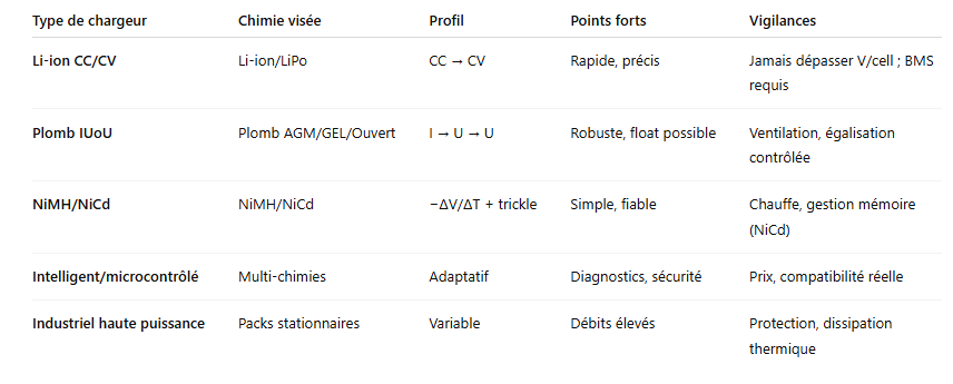 Tableau des types de chargeurs & usages