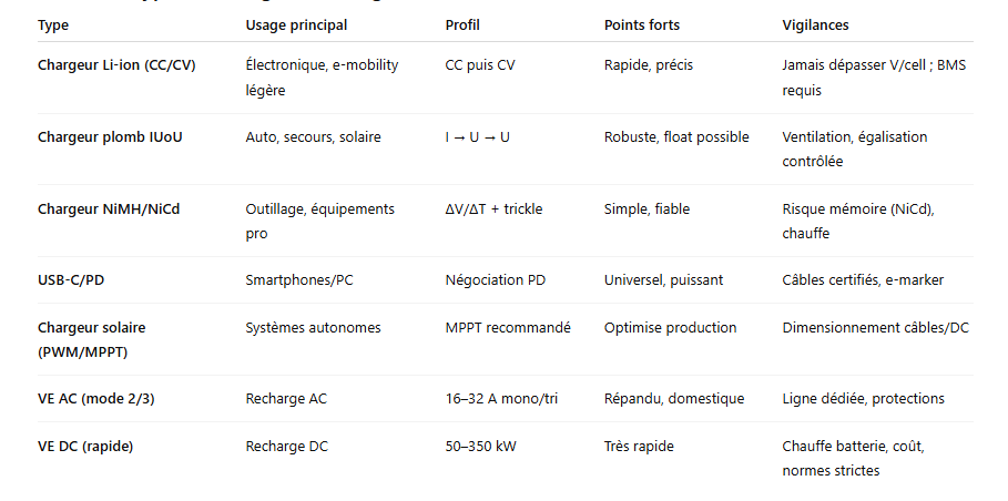 Tableau – Types de chargeurs & usages