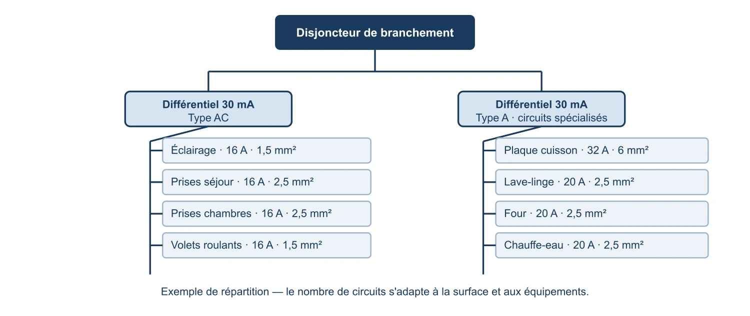 Schéma d'arbre de répartition d'un tableau électrique de maison