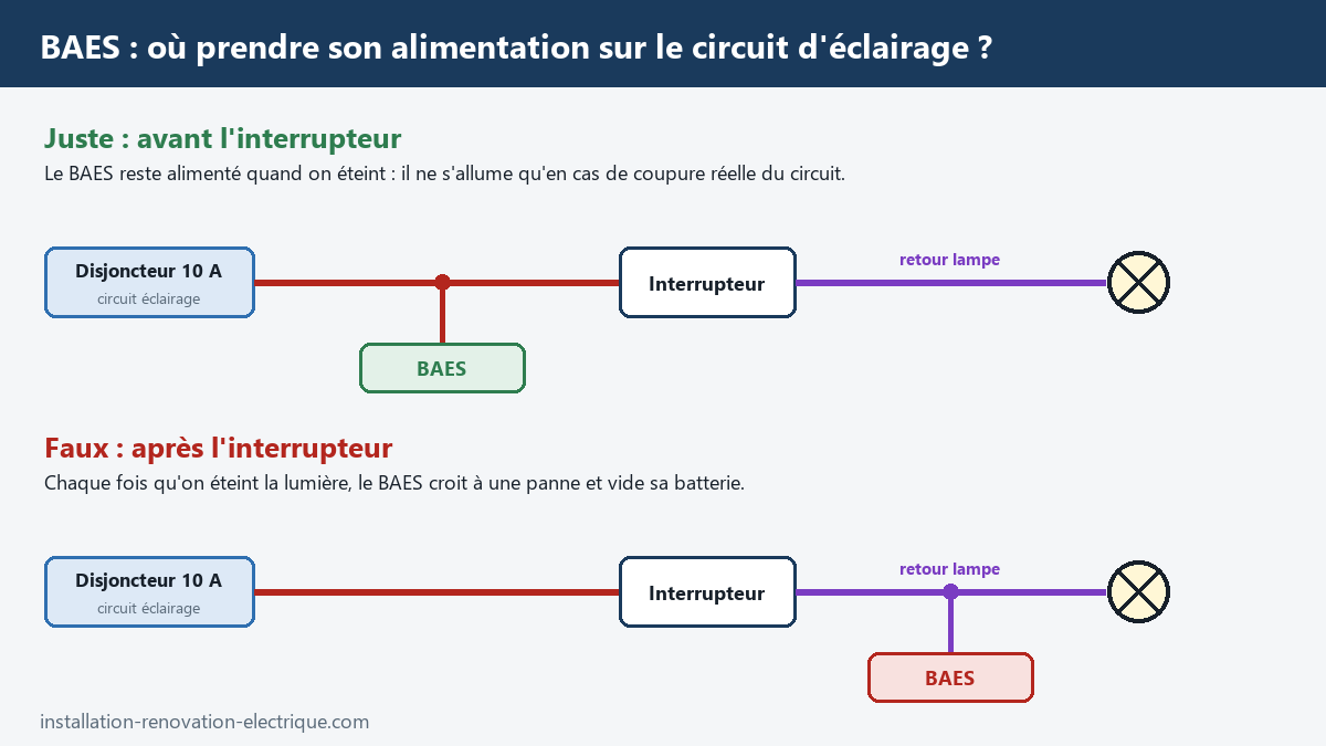 Schéma : le BAES se raccorde sur le circuit d'éclairage avant l'interrupteur, et non sur le retour lampe