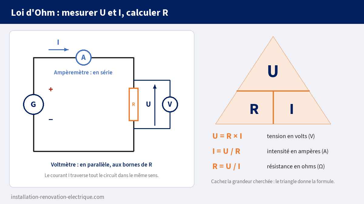 Schéma de la loi d'Ohm : circuit avec ampèremètre en série, voltmètre en parallèle et triangle U, R, I