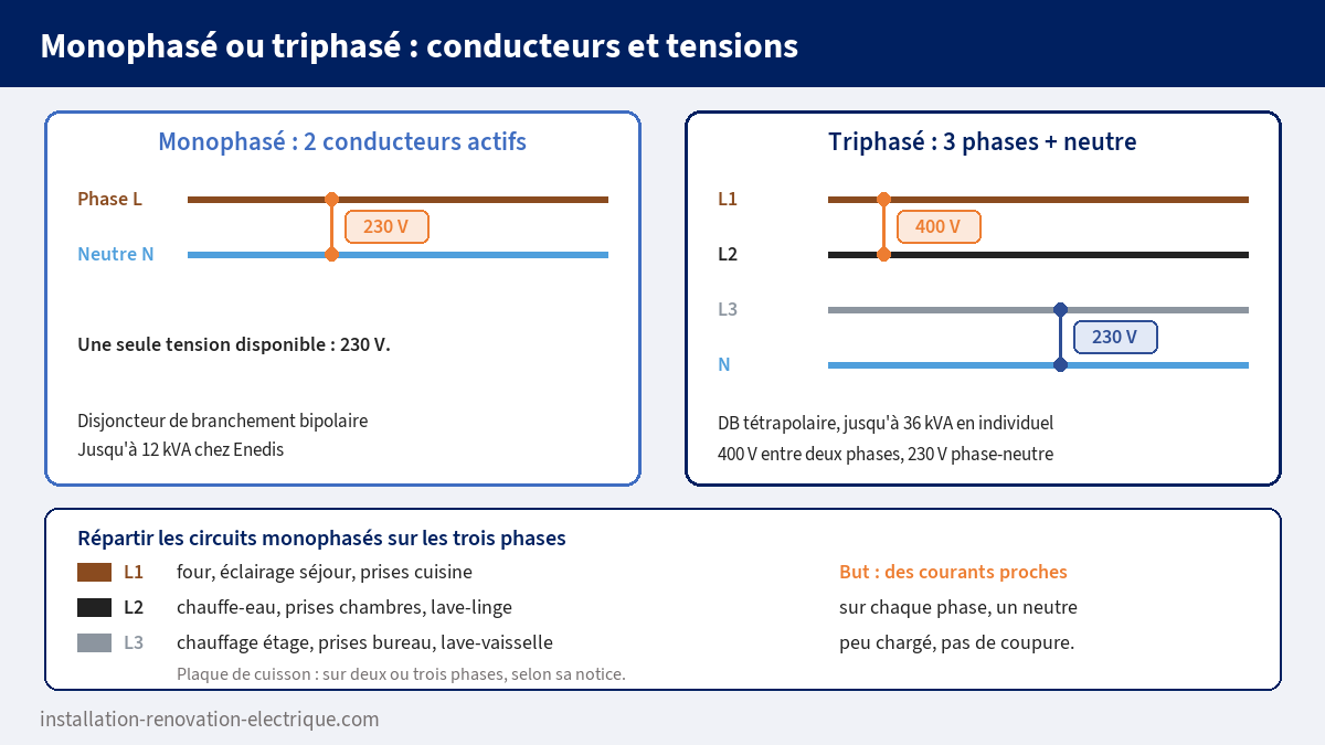 Comparaison monophasé et triphasé : conducteurs, tensions 230 V et 400 V, répartition des circuits sur les trois phases