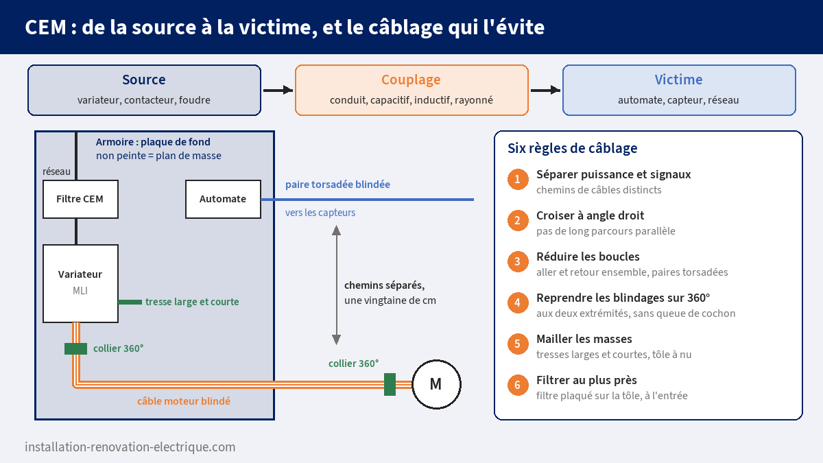 Chaîne source, couplage, victime de la CEM et câblage d'une armoire avec variateur : filtre CEM, câble moteur blindé repris sur 360 degrés, chemins séparés pour les signaux et six règles de câblage