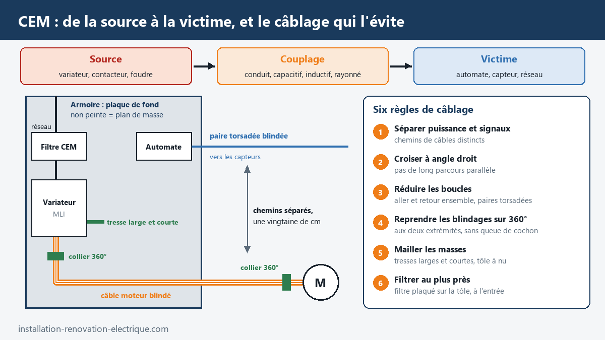 Chaîne source, couplage, victime de la CEM et câblage d'une armoire avec variateur : filtre CEM, câble moteur blindé repris sur 360 degrés, chemins séparés pour les signaux et six règles de câblage