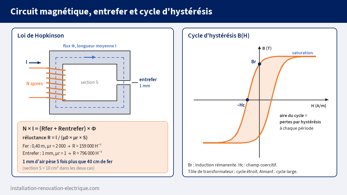 Circuit magnétique à bobine et entrefer avec la loi de Hopkinson et le calcul des réluctances du fer et de l'entrefer, à côté d'un cycle d'hystérésis B(H) avec induction rémanente et champ coercitif