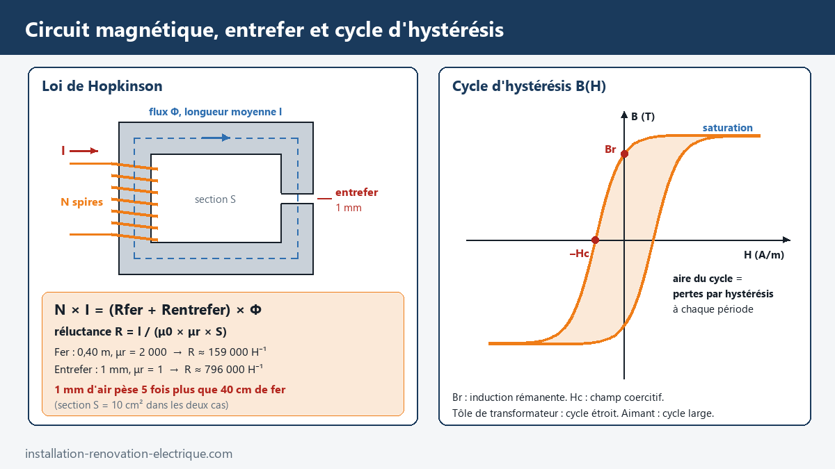 Circuit magnétique à bobine et entrefer avec la loi de Hopkinson et le calcul des réluctances du fer et de l'entrefer, à côté d'un cycle d'hystérésis B(H) avec induction rémanente et champ coercitif