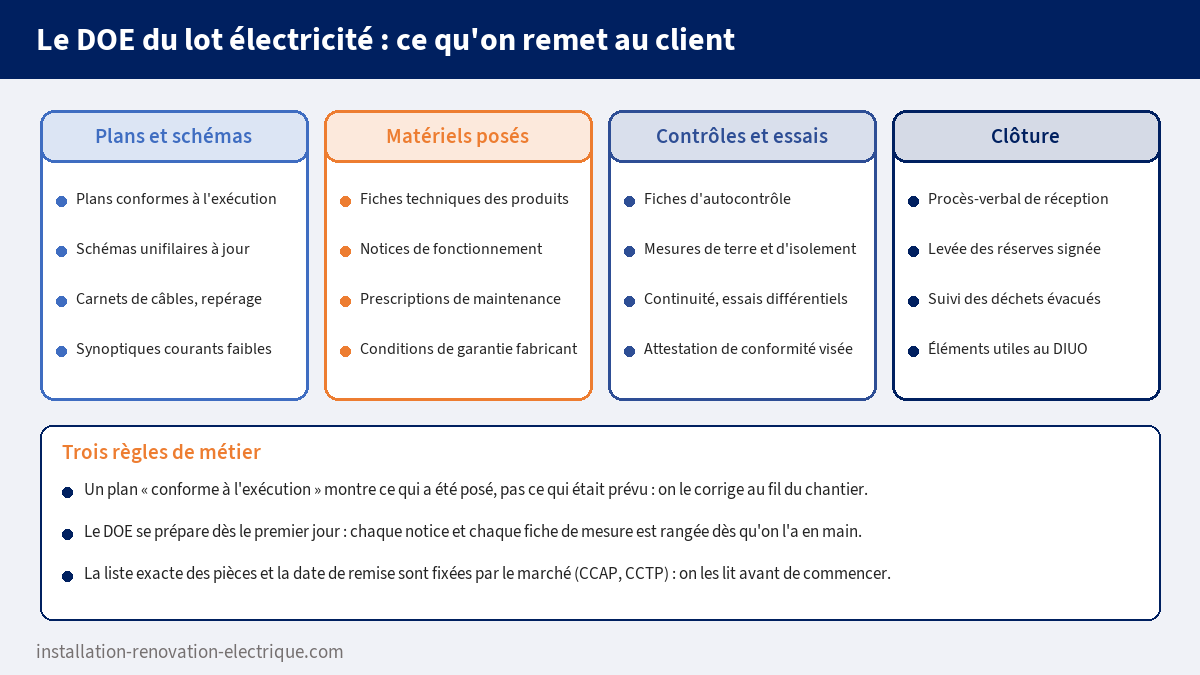 Contenu du DOE du lot électricité : plans et schémas conformes à l'exécution, fiches et notices des matériels, fiches d'autocontrôle et mesures, procès-verbal de réception et levée des réserves