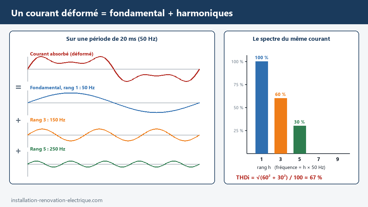Décomposition de Fourier d'un courant déformé en un fondamental à 50 Hz et des harmoniques de rang 3 et 5, avec son spectre et le calcul du THDi
