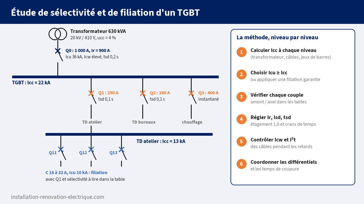 Schéma unifilaire d'un TGBT alimenté par un transformateur 630 kVA avec temporisations des disjoncteurs, courants de court-circuit par niveau et méthode d'étude de sélectivité et de filiation