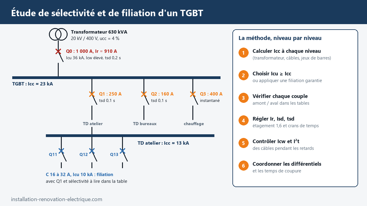 Schéma unifilaire d'un TGBT alimenté par un transformateur 630 kVA avec temporisations des disjoncteurs, courants de court-circuit par niveau et méthode d'étude de sélectivité et de filiation