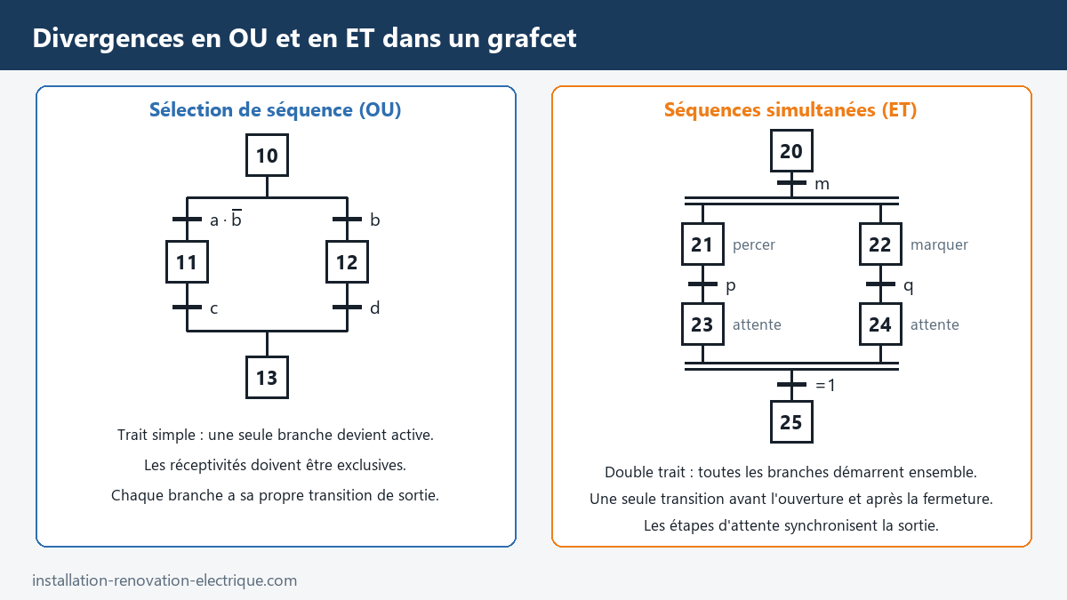 Comparaison d'une sélection de séquence en OU à trait simple et de séquences simultanées en ET à double trait avec étapes d'attente dans un grafcet