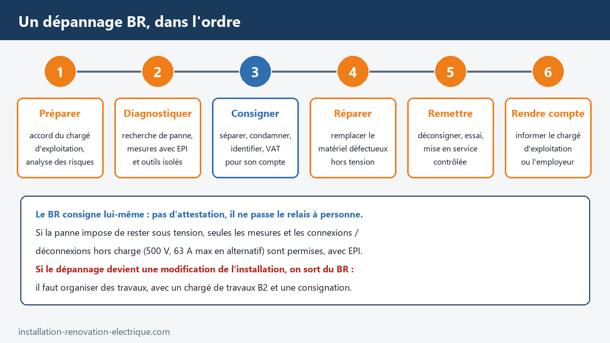 Les six étapes d'un dépannage par un chargé d'intervention BR : préparer avec le chargé d'exploitation, diagnostiquer, consigner pour son compte, réparer hors tension, remettre en service, rendre compte