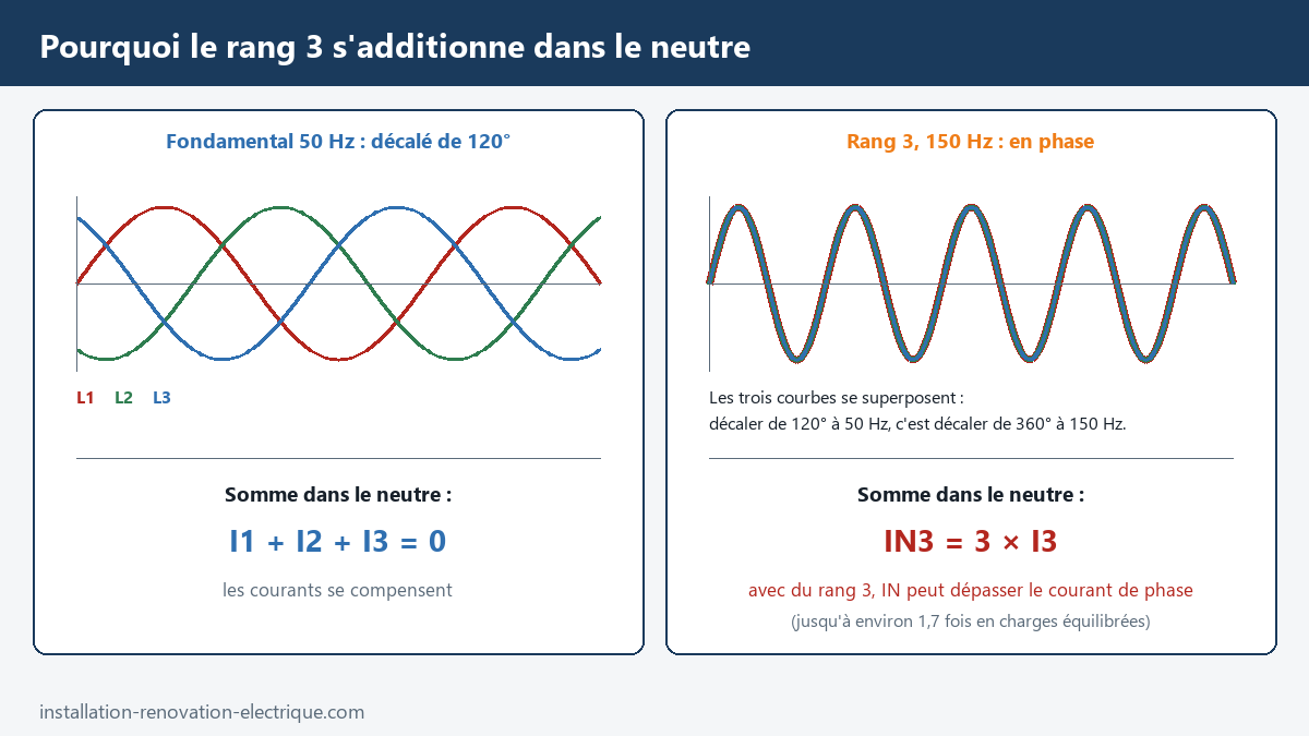 Courants fondamentaux décalés de 120° qui s'annulent dans le neutre, et courants harmoniques de rang 3 en phase qui s'additionnent : IN = 3 × I3