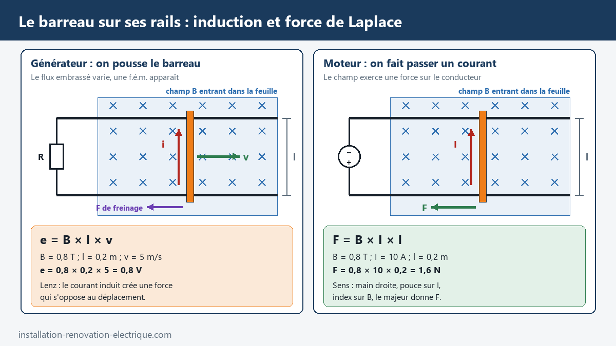 Barreau conducteur sur deux rails dans un champ magnétique : en générateur la f.é.m. induite e = B × l × v et la force de freinage de Lenz, en moteur la force de Laplace F = B × I × l