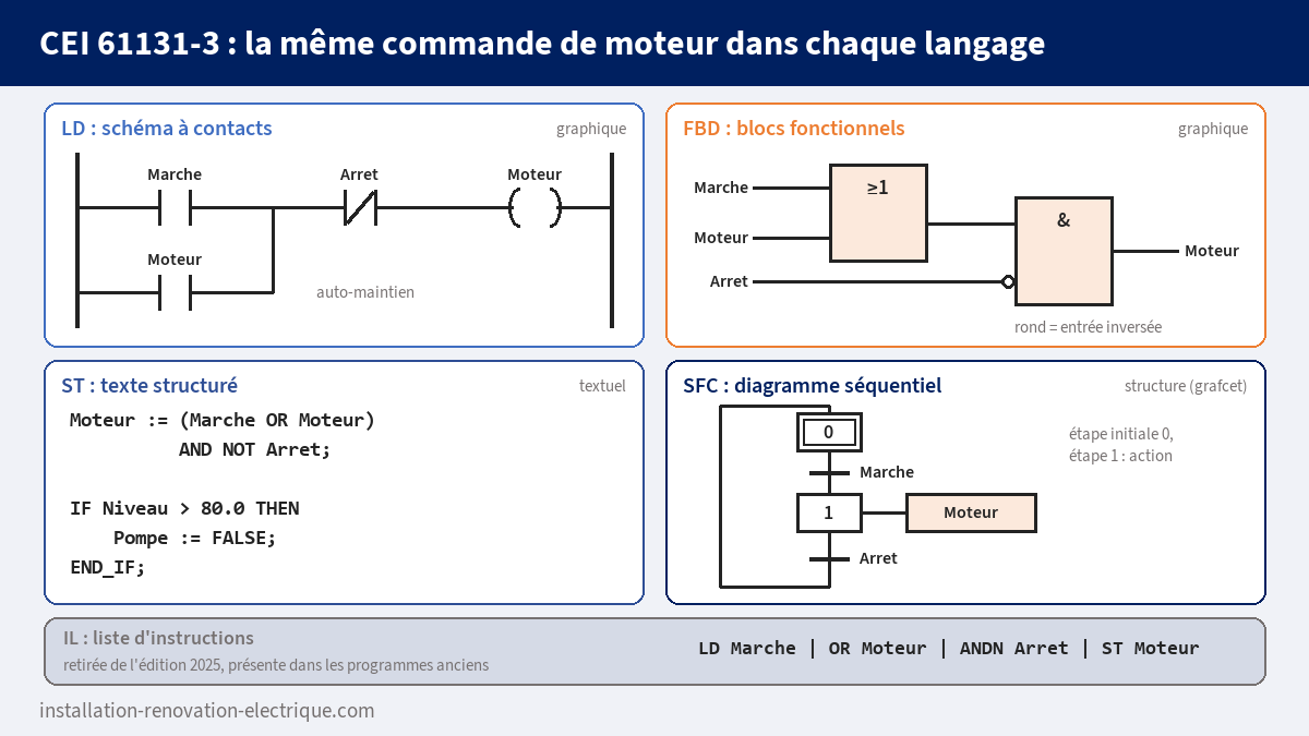 Commande marche-arrêt d'un moteur écrite dans les langages de la CEI 61131-3 : schéma à contacts LD, blocs fonctionnels FBD, texte structuré ST, diagramme séquentiel SFC et liste d'instructions IL retirée en 2025