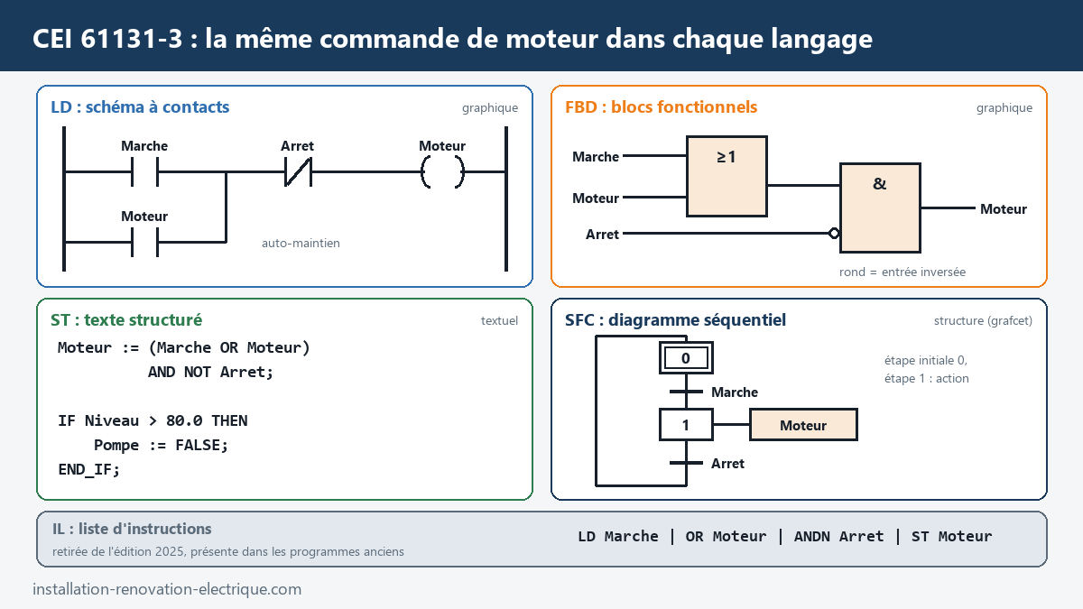 Commande marche-arrêt d'un moteur écrite dans les langages de la CEI 61131-3 : schéma à contacts LD, blocs fonctionnels FBD, texte structuré ST, diagramme séquentiel SFC et liste d'instructions IL retirée en 2025