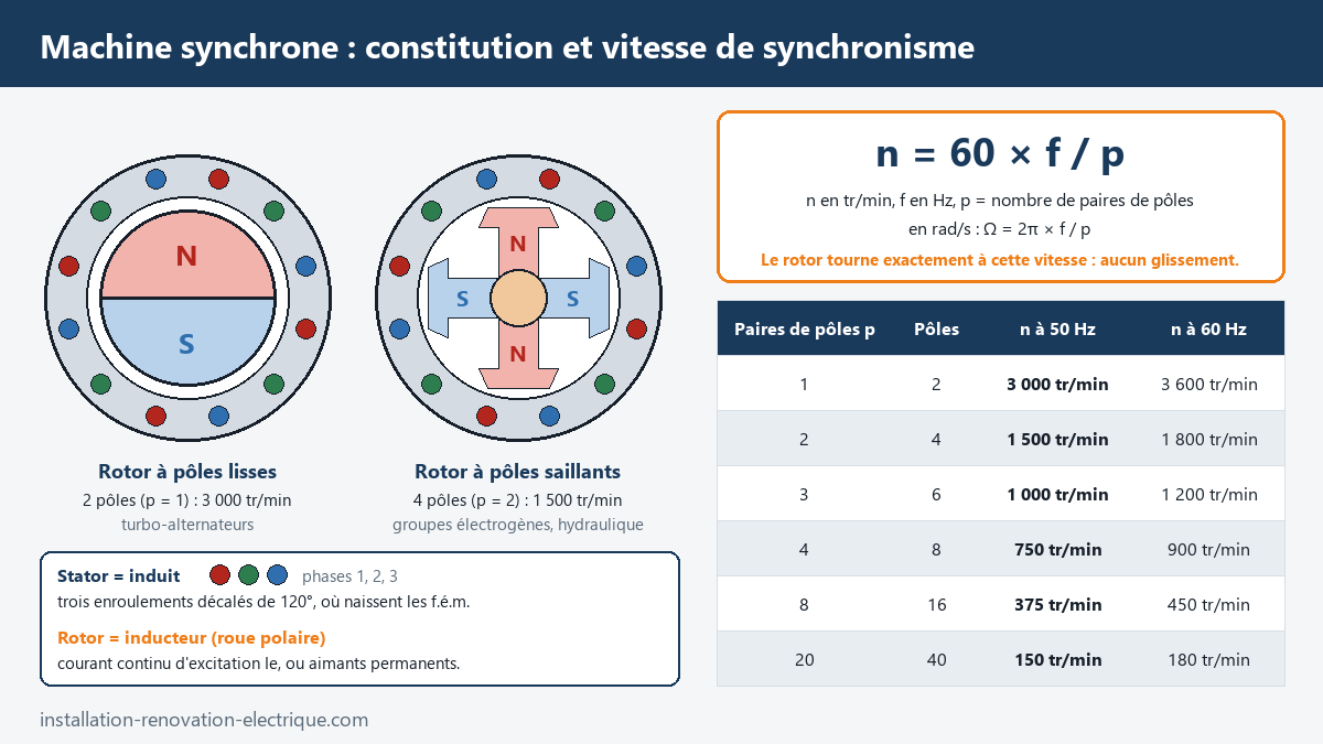 Coupe d'une machine synchrone à rotor à pôles lisses (2 pôles) et à pôles saillants (4 pôles), formule n = 60 f / p et tableau des vitesses de synchronisme à 50 Hz et 60 Hz