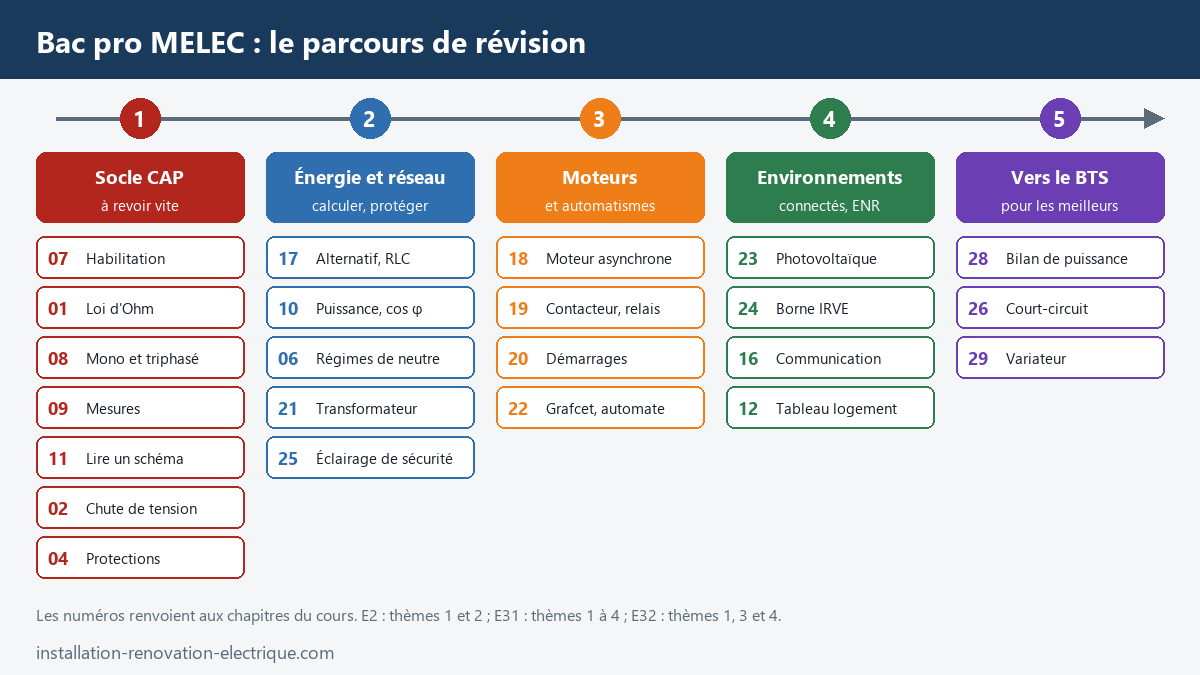 Frise du parcours de révision du bac pro MELEC en cinq thèmes : socle du CAP, énergie et réseau, moteurs et automatismes, environnements connectés, vers le BTS, avec les numéros des chapitres