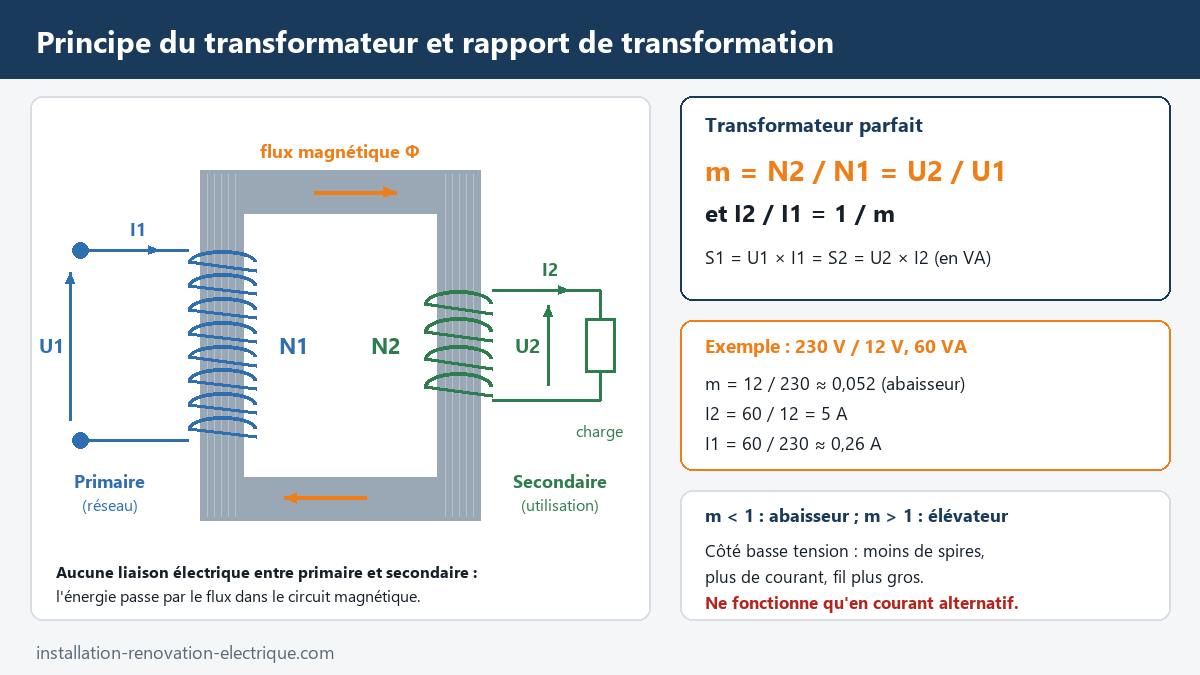 Schéma d'un transformateur monophasé : circuit magnétique feuilleté, enroulements primaire N1 et secondaire N2, flux magnétique, formule du rapport de transformation m = N2 / N1 = U2 / U1 et exemple 230 V / 12 V de 60 VA