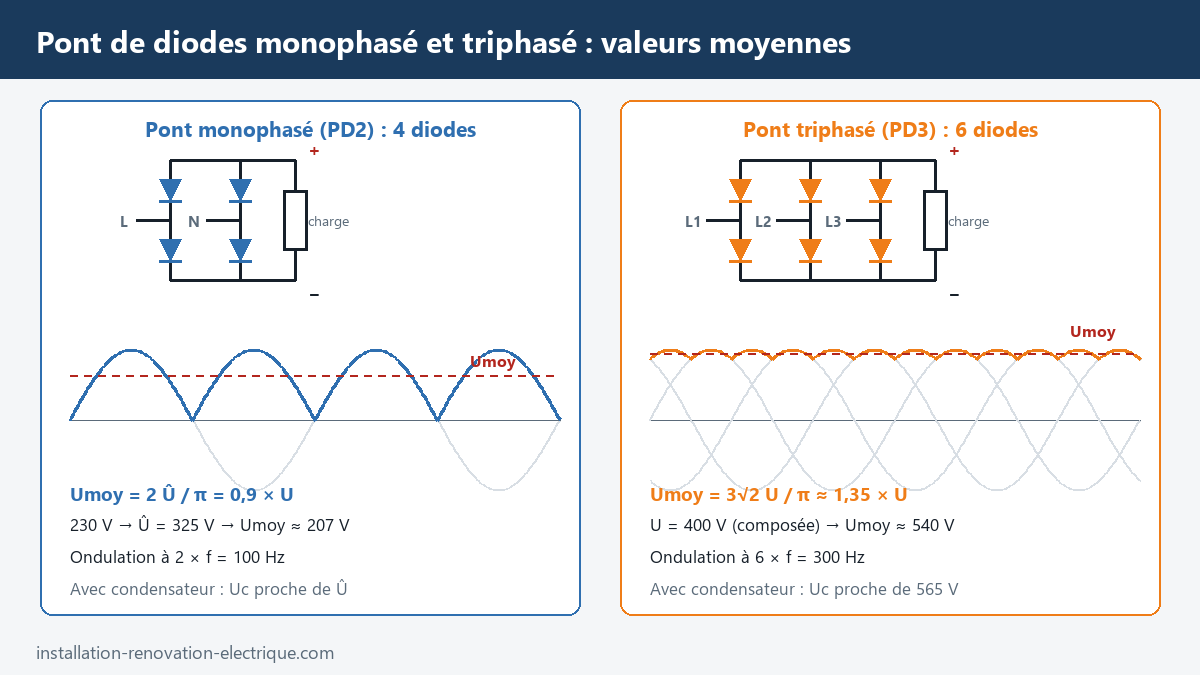 Pont de diodes monophasé PD2 et triphasé PD3 : schémas, tensions redressées et valeurs moyennes Umoy = 0,9 U (207 V sur 230 V) et Umoy = 1,35 U (540 V sur 400 V)