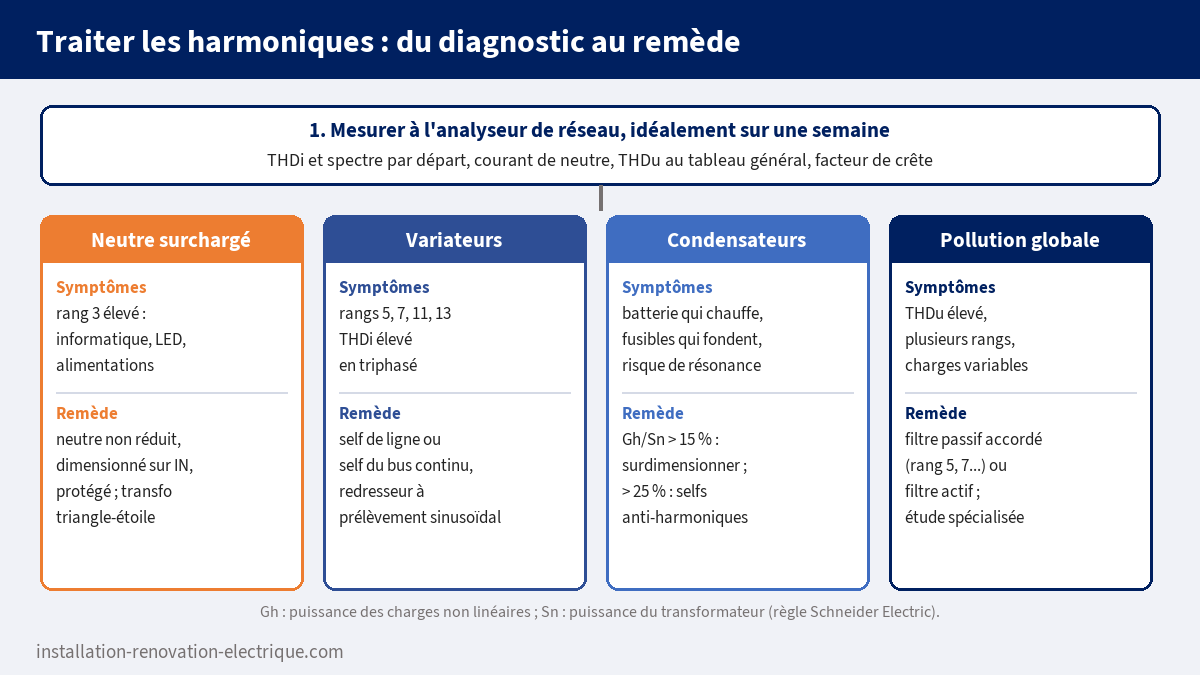 Démarche de traitement des harmoniques : mesure à l'analyseur de réseau puis remède selon le symptôme, neutre surchargé, variateurs, condensateurs ou pollution globale