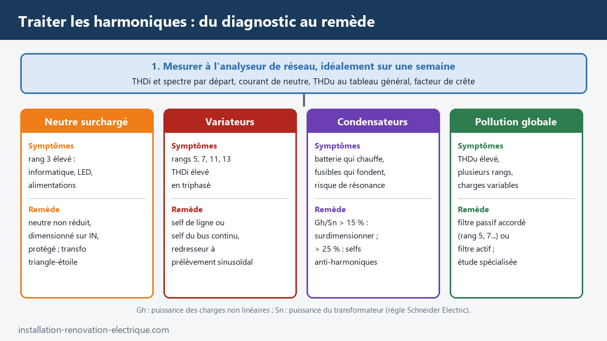 Démarche de traitement des harmoniques : mesure à l'analyseur de réseau puis remède selon le symptôme, neutre surchargé, variateurs, condensateurs ou pollution globale
