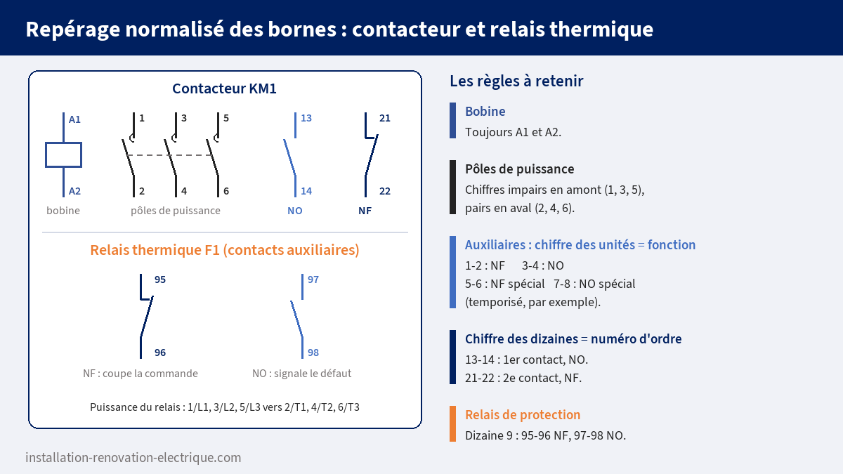 Repérage normalisé des bornes d'un contacteur et d'un relais thermique : bobine A1-A2, pôles 1 à 6, contacts auxiliaires 13-14 NO, 21-22 NF, 95-96 et 97-98