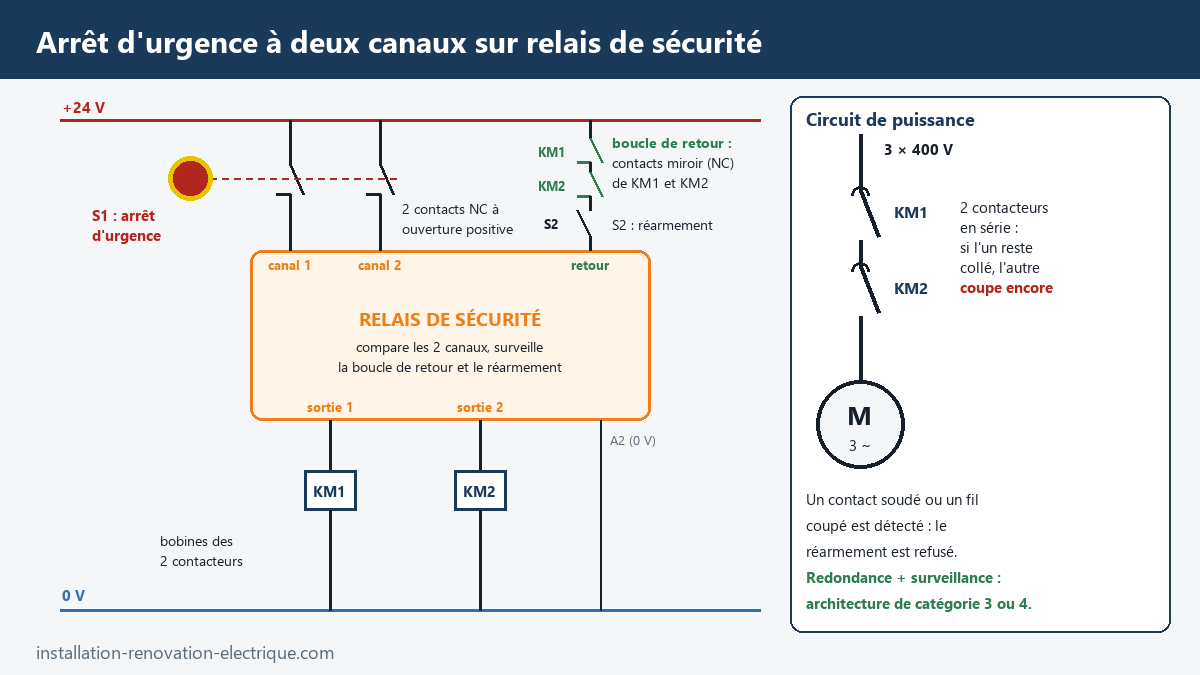 Schéma de câblage d'un arrêt d'urgence à deux canaux sur relais de sécurité avec deux contacteurs en série, boucle de retour sur contacts miroir et bouton de réarmement